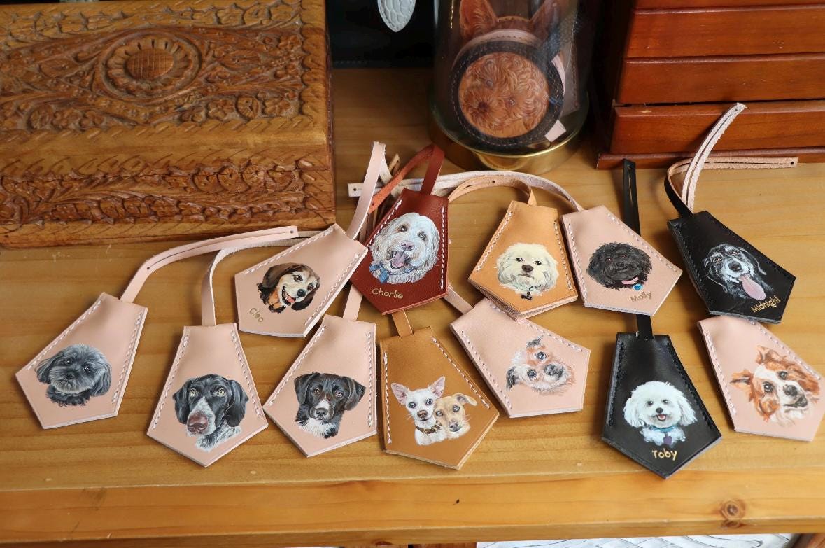 Custom Hand-painted Pet Portrait Leather Bag Charm, Personalized Keychain, Mother's Day Gift For Mom