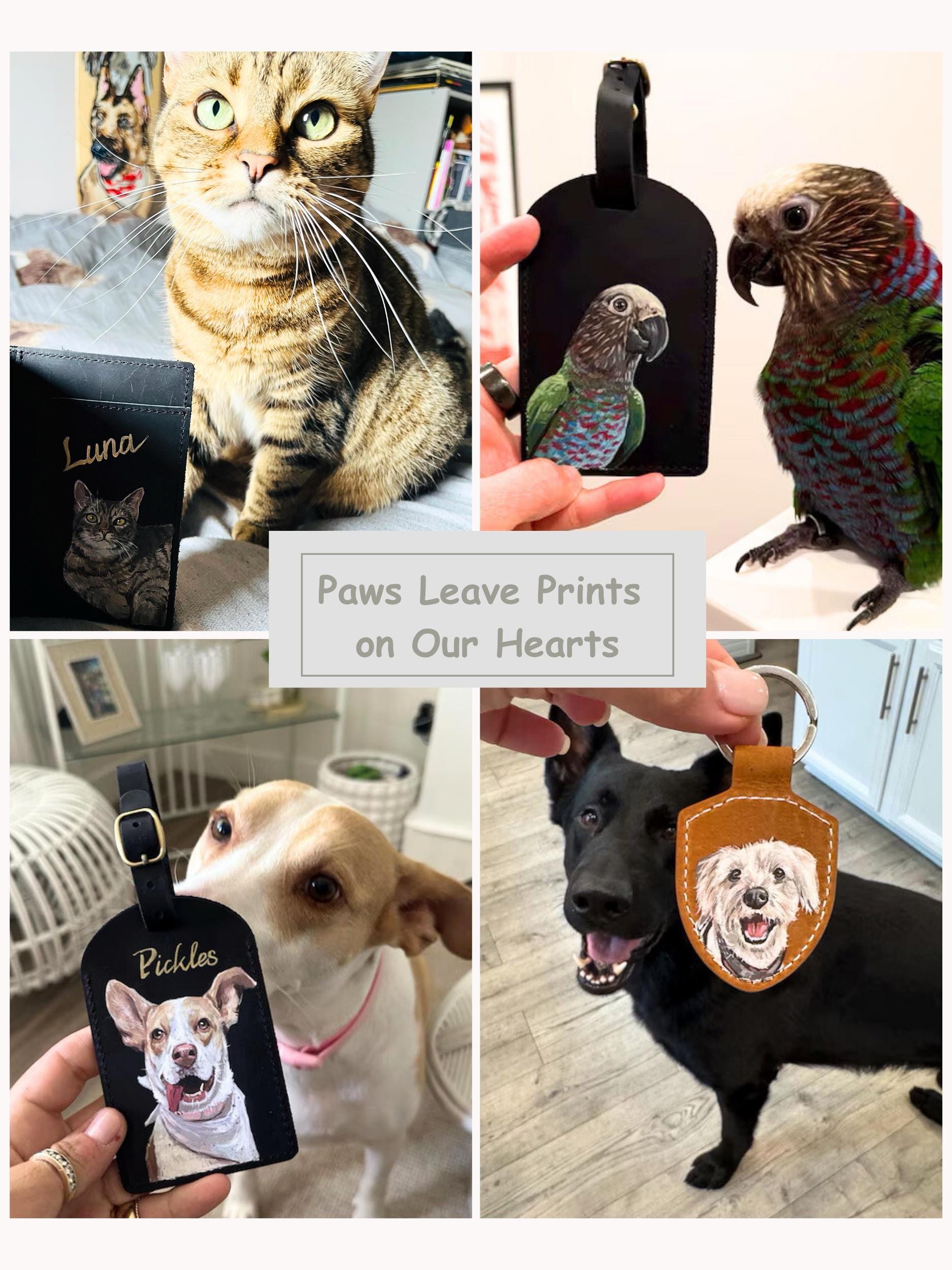 Hand-painted Leather Pet Portrait Bag Charm: Custom Dog/cat Memorial, Mother's Day Gift For Mom