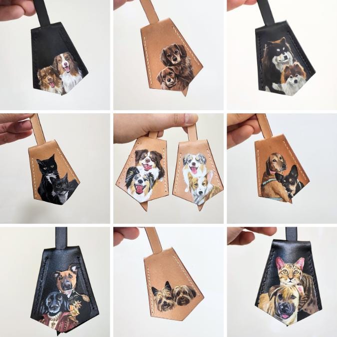Hand-painted Leather Pet Portrait Bag Charm: Custom Dog/cat Memorial, Mother's Day Gift For Mom