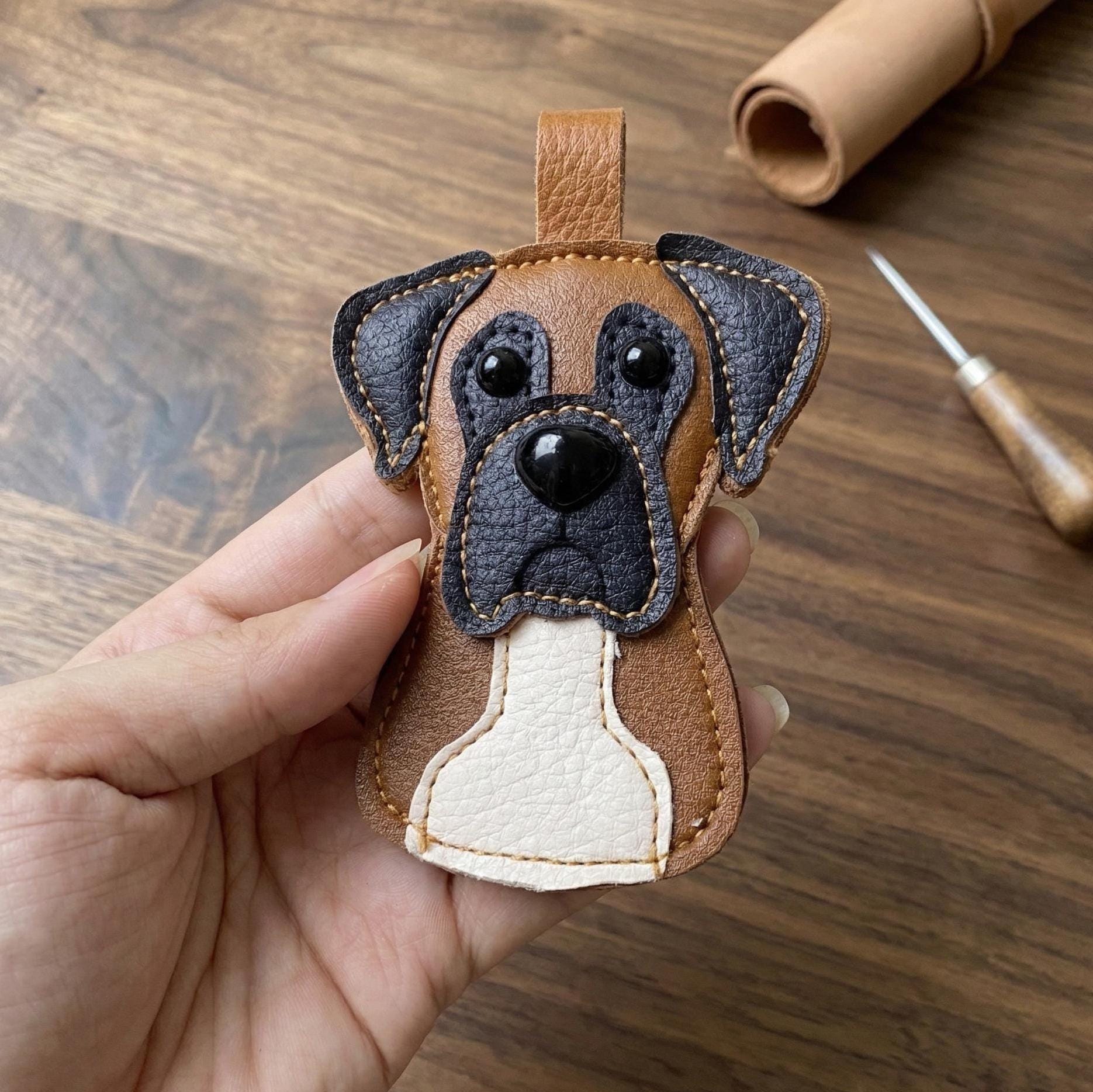 Handmade Leather Pet Bag Charm, Cute Leather Puppy Charm, Aesthetic Dog Bag Accessory, Custom Pet Portrait Keychain, Anniversary Gifts